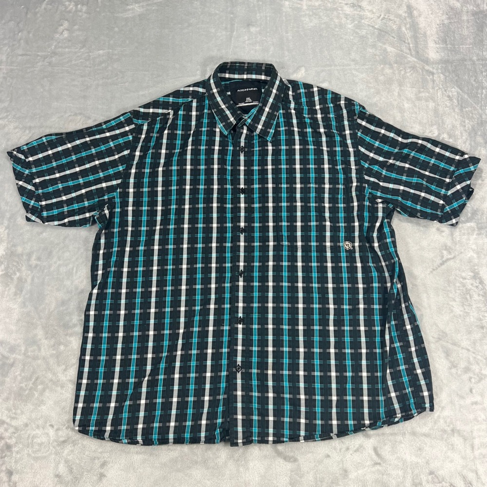 Rocawear Mens 2XL Plaid Short Sleeve Button Up Shirt Teal Black White Cotton Y2K